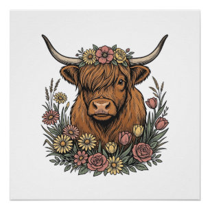 Blumiges Highland-Rind Vintage-Stichdesign_1 Poster