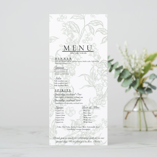 Blumiges Hochzeitsmenü Menükarte (Stehend Vorderseite)