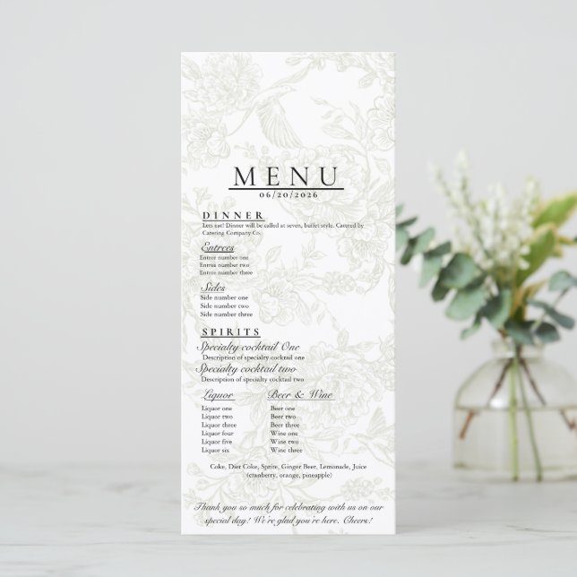 Blumiges Hochzeitsmenü Menükarte (Stehend Vorderseite)