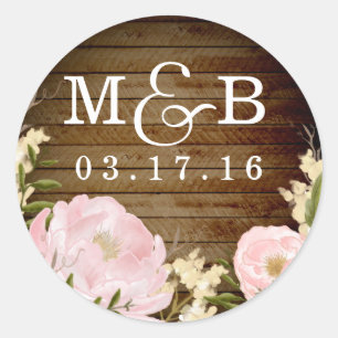 Blumiges Holzdesign-Monogramm-Hochzeitsaufkleber Runder Aufkleber