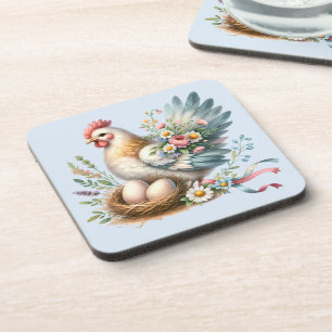 Blumiges Huhn mit Eiern Vintage Farmhouse Charme Getränkeuntersetzer