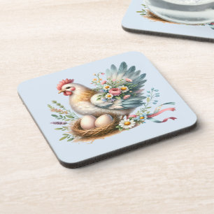 Blumiges Huhn mit Eiern Vintage Farmhouse Charme Getränkeuntersetzer