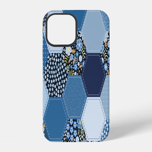 Blumiges, Jeans-Patchwork: blaues Muster. iPhone Hülle (Rückseite)