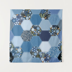 Blumiges, Jeans-Patchwork: blaues Muster. Wandteppich