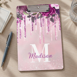 Blumiges lila rosa tropfendes Glitter Monogramm Klemmbrett