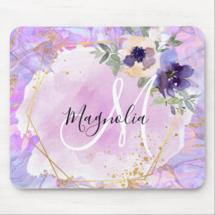 Blumiges Lila, Rosa und Gold Regenbogen-Marmor-Mon Mousepad