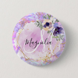 Blumiges lila, rosa und goldenes Regenbogen-Marmor Button