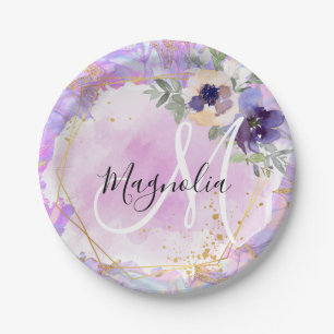 Blumiges lila, rosa und goldenes Regenbogen-Marmor Pappteller