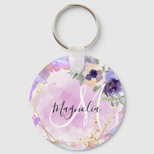 Blumiges lila, rosa und goldenes Regenbogen-Marmor Schlüsselanhänger