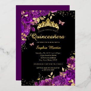 Blumiges Lila-Schmetterling-Gold Elegantes Quincea Folieneinladung