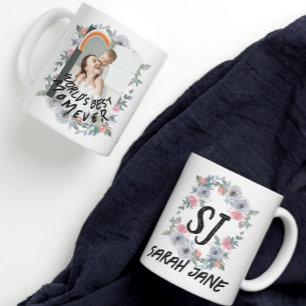 Blumiges monogrammiertes Foto der besten Mutter de Kaffeetasse