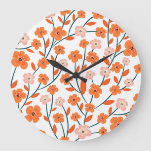 Blumiges Orange Pastell Weiß Nahtlos Große Wanduhr
