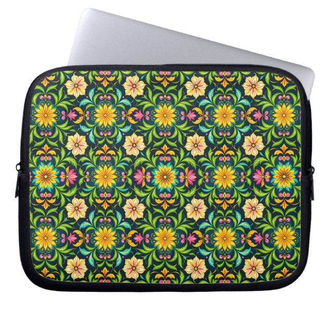 Blumiges Ornamentmuster in lebendigen Farben Laptopschutzhülle (Vorderseite)