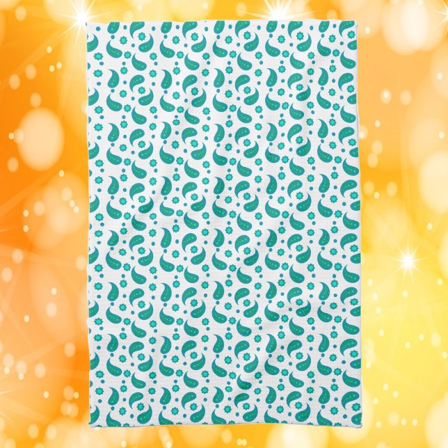 Blumiges Paisley-Boho-Muster Blau Grün Geschirrtuch (A kitchen towel with a boho floral paisely pattern in blue and green.)