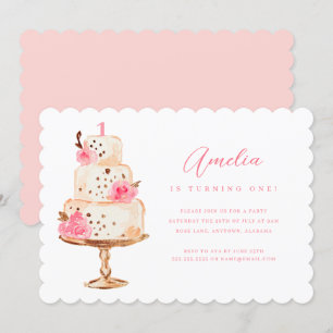 Blumiges Rosa Gold Kuchen Erste Geburtstagsfeier Einladung