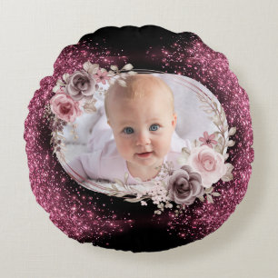 Blumiges Rosa Gold Zwei Foto Baby Mädchen süß Rundes Kissen
