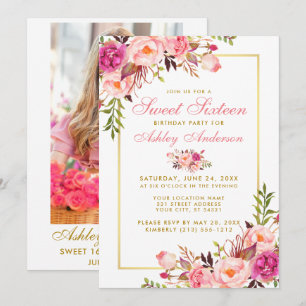 Blumiges rosa goldenes Sweet 16 Geburtstagseinladu Einladung