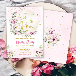 Blumiges Rosa Over The Moon Baby Shower Einladung