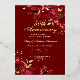 Blumiges Rot Gold 50. Hochzeitstag Folieneinladung