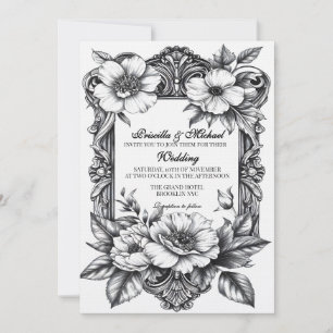 Blumiges Schwarz-Weiß-Vintage-Dekor-Hochzeit Einladung