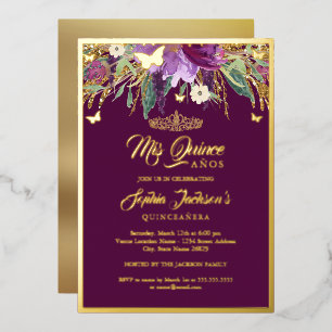Blumiges sprudelndes Amethyst-Quinceanera-Geburtst Folieneinladung