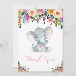 Blumiges Süßes Elefant Baby Mädchen Rosa und Grau Dankeskarte