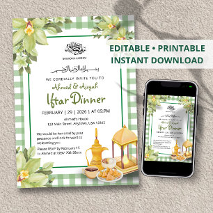 Blumiges süßes hellgrünes Gingham-Ramadan-Iftar Einladung