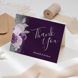 Blumiges Tiefviolett Silber Hochzeit Danke Karte