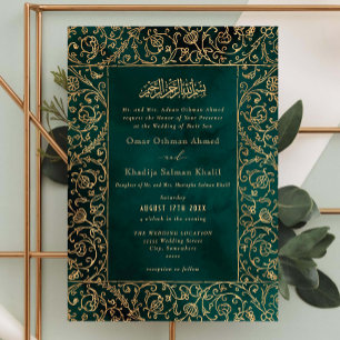 Blumiges Vintage-Gold- und Grün-Samt-Islam-Hochzei Einladung