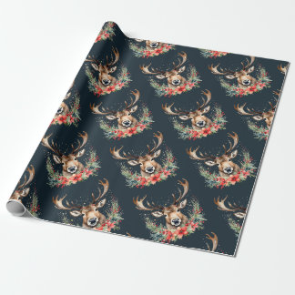 Blumiges Vintage-Weihnachtsrentier Geschenkpapier