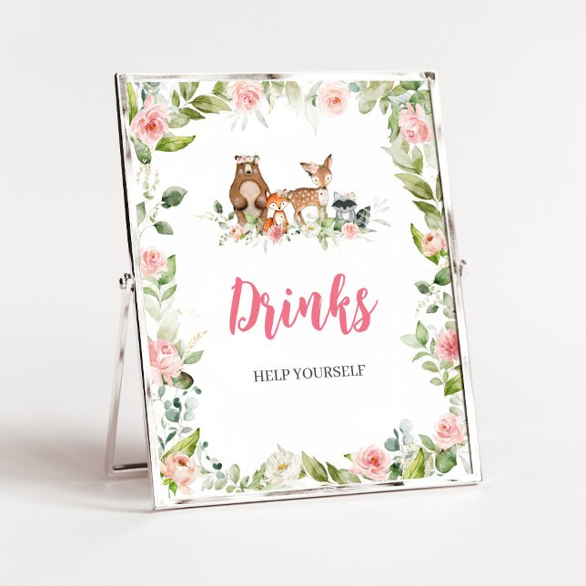 Blumiges Wald-Babyshower-Getränke-Schild Poster (Girl Woodland Animals Baby Shower Drinks Sign)