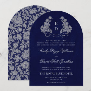 Blumiges Wappen-Monogramm Navy-Erbe-Hochzeit Einladung