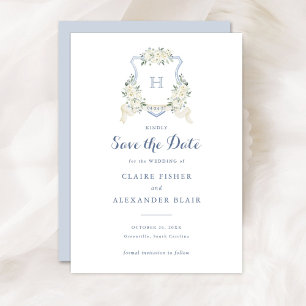 Blumiges Weiß Dusty Blue Wappen Save the Date Einladung
