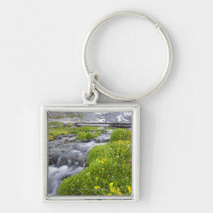 Blurry Fluss mit gelben weißen rosa Wildblumen Schlüsselanhänger