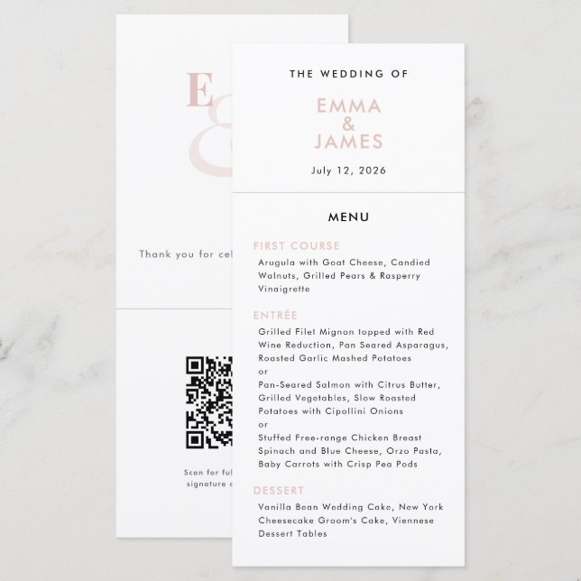 Blush Ampersand Hochzeit | QR Code | Elegant Menükarte (Vorne/Hinten)