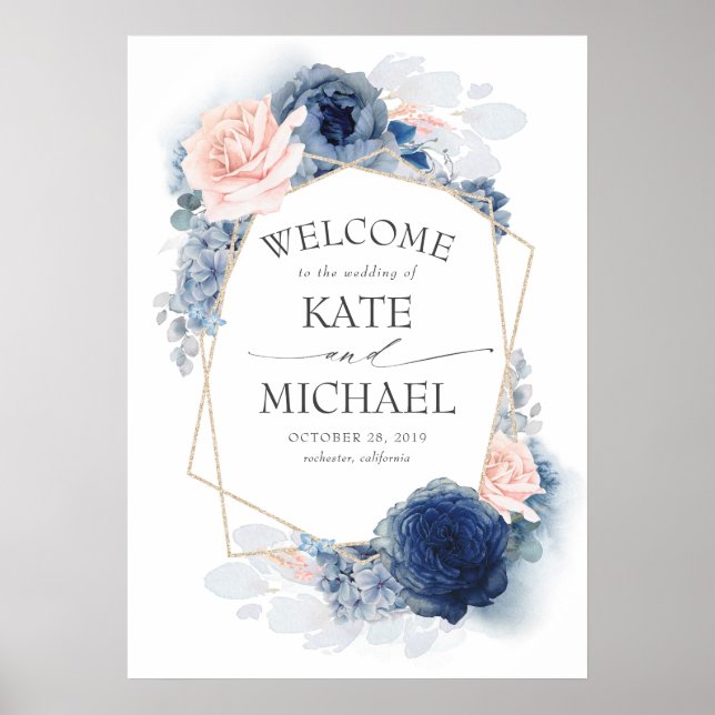 Blush and Dusty Blue Floral Wedding Welcome Poster (Vorne)