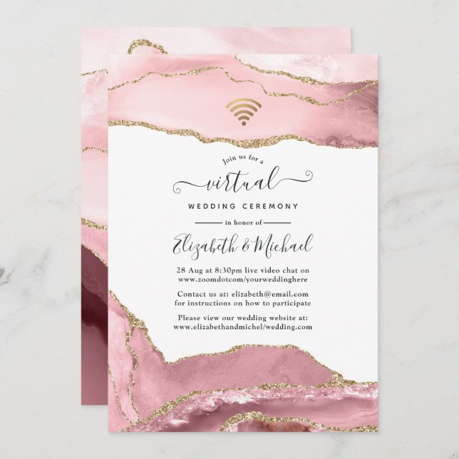 Blush and Gold Agate Online Virtual Wedding Einladung (Vorne/Hinten)