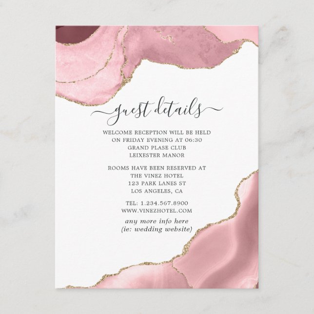 Blush and Gold Agate Wedding Guest Details Begleitkarte (Vorderseite)