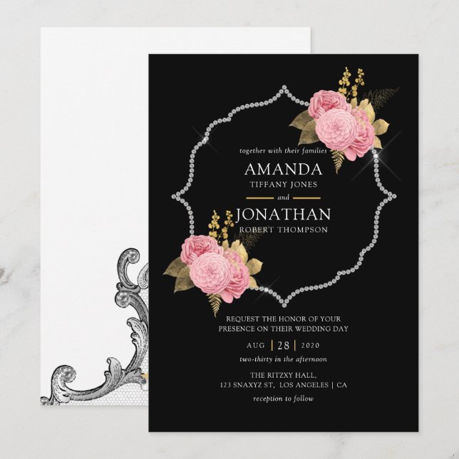Blush and Gold and Silver Floral Diamond Wedding Einladung (Vorne/Hinten)