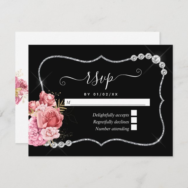 Blush and Gold and Silver Floral Diamond Wedding RSVP Karte (Vorne/Hinten)