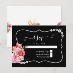 Blush and Gold and Silver Floral Diamond Wedding RSVP Karte