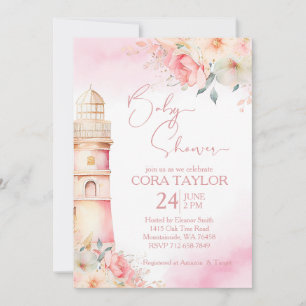 Blush and gold Boho Blumen Leuchtturm Babydusche Einladung