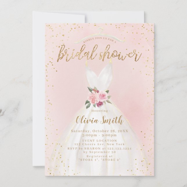Blush and Gold Elegantes Hochzeitskleid Brautparty Einladung (Vorderseite)