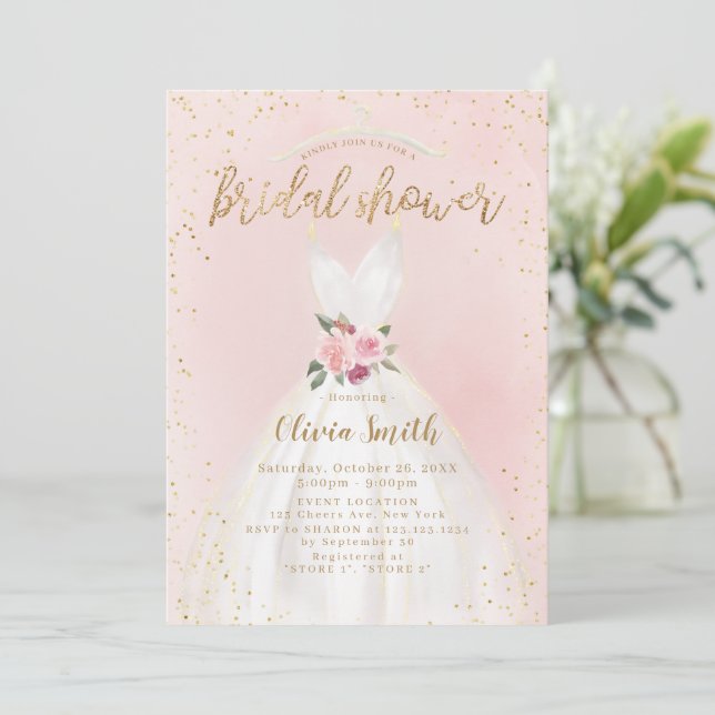 Blush and Gold Elegantes Hochzeitskleid Brautparty Einladung (Stehend Vorderseite)