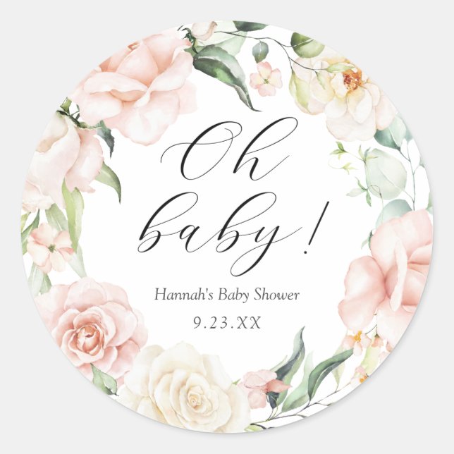 Blush and Greenery Oh Baby Classic Round Sticker (Vorderseite)