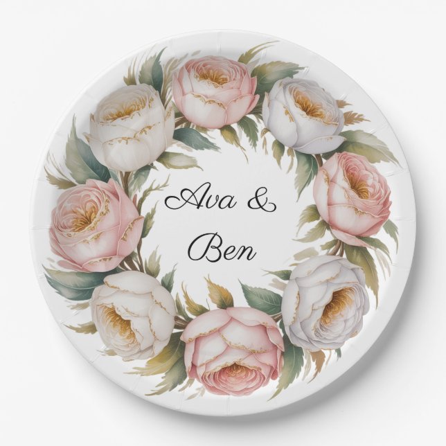 Blush and Ivory Rose Floral Wreath Wedding Pappteller (Vorderseite)