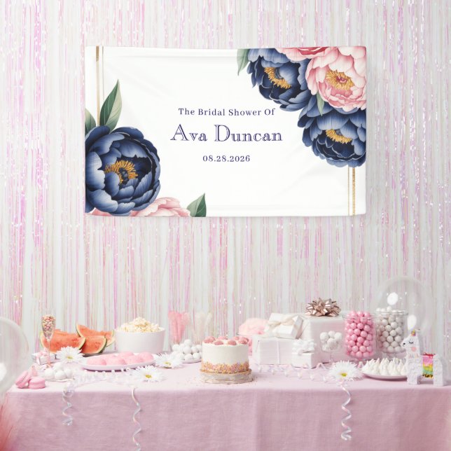 Blush and Navy Blue Peony Brautparty Banner (Party)