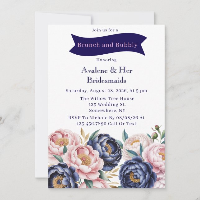 Blush and Navy Blue Peony Brunch and Bubbly Einladung (Vorderseite)