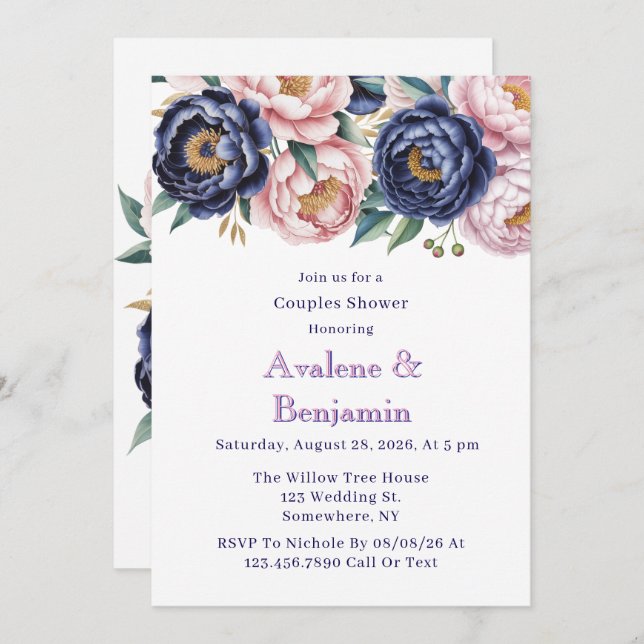 Blush and Navy Blue Peony Couples Dusche Einladung (Vorne/Hinten)