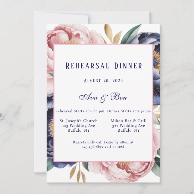 Blush and Navy Blue Peony Probe Dinner Einladung (Vorderseite)